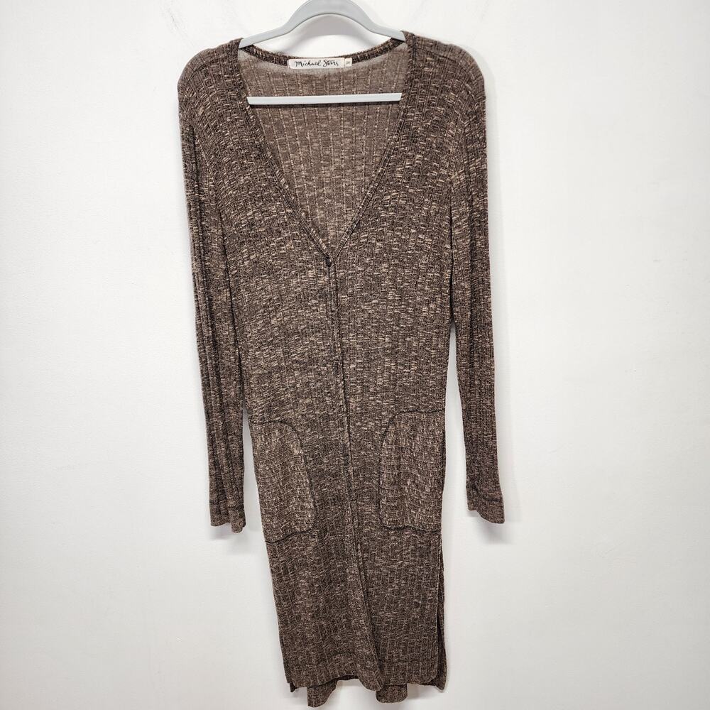 Michael Stars Womens Brown Duster Cardigan Elbow Patch Button Up Stretch Knit OS